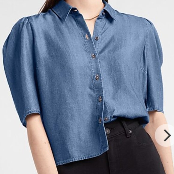 Classy Denim Puff Sleeve Shirt - Picture 1 of 3